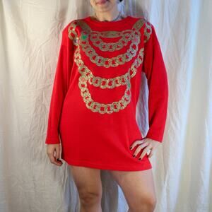 90s red chain paris-rome-london print sweater mini dress
